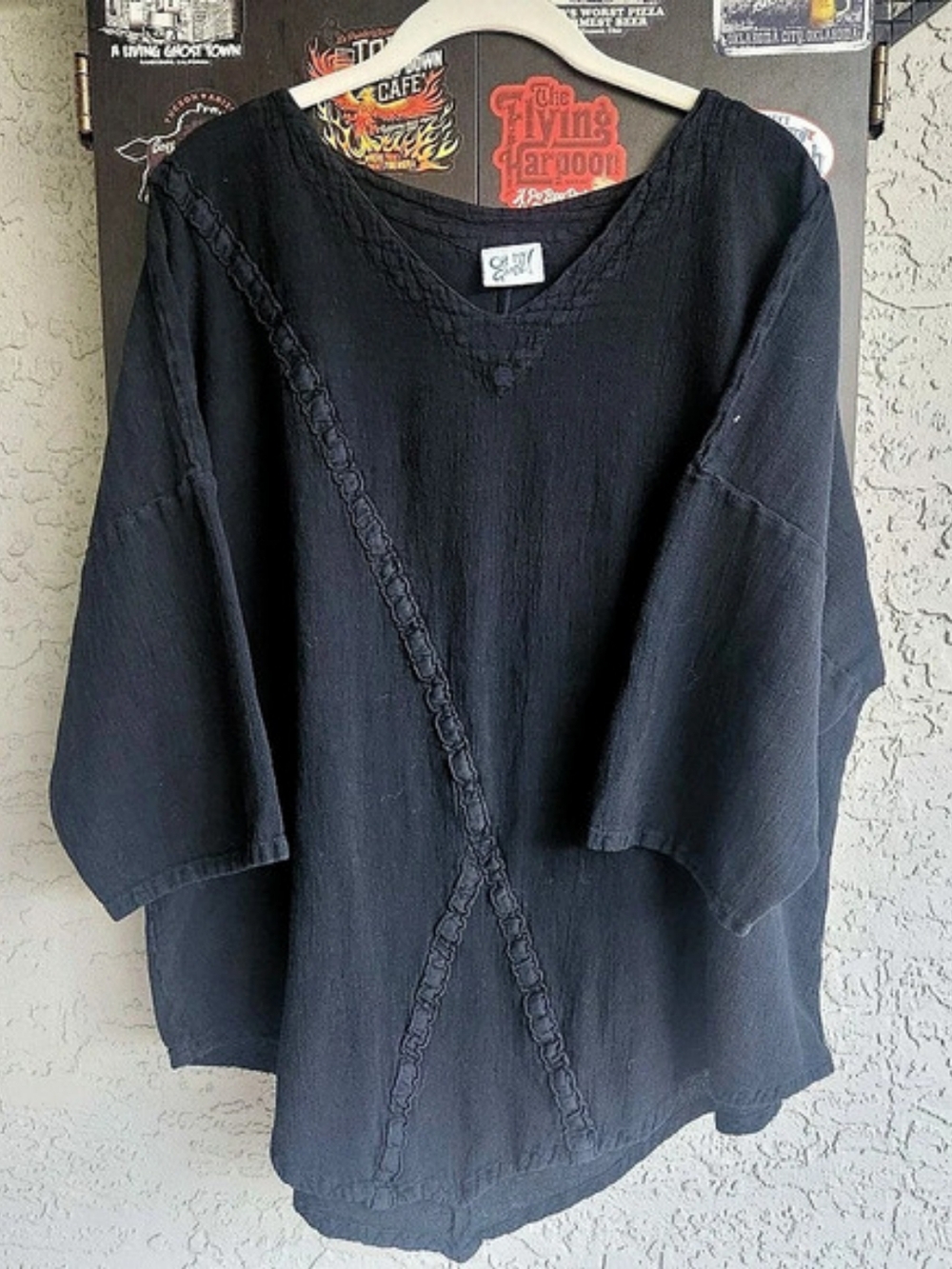 Oh My Gauze! Black Cotton Crinkle Gauze Tunic Top Artsy Bohemian One Size